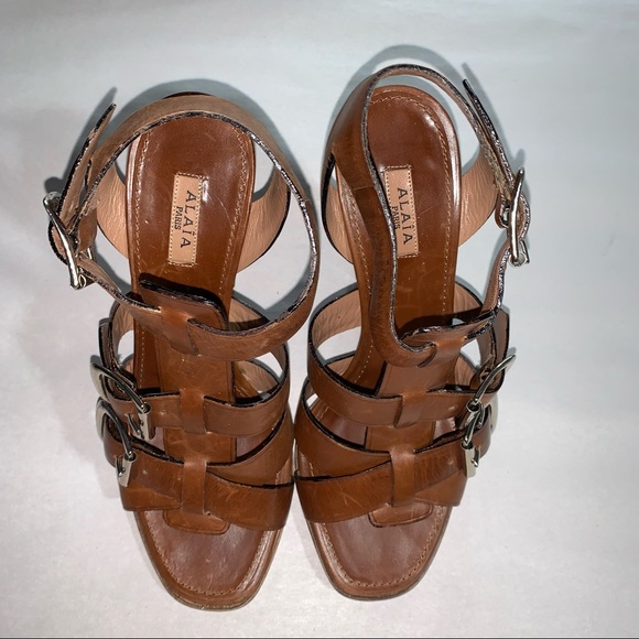 ALAÏA size 35 strappy block heel high heel buckle sandals - Picture 3 of 10